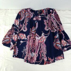 New Directions Shirt Womens Small Oversized Top Paisley Bell Sleeve Round‎ Neck